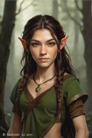 Sol'yashe is a young female Carefree soft wood elf, dressed in dark brown, green, tan and russet, with delicate and finely chiseled features, light brown eyes, long, shoulder length brown hair, Fair skin, with pointed ears, high cheekbones, Facial scar, Curly hair, Monolid asian eyes and Large nose, art by Simon Bisley in the style of boris vallejo in a forest