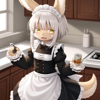 1girl, solo, furry, fluffy, brown fur, short hair, nanachi \(made in abyss\), animal ears, tail, yellow eyes, maid, apron, puffy sleeves, long sleeves, maid headband, :3, open mouth, standing, looking at viewer, kitchen 