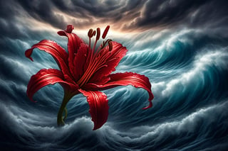 Create an image of a massive, towering red lily growing amidst the turbulent waves of the ocean during a violent storm. The sky should be dark and stormy with heavy clouds and lightning, and the waves should be crashing against the lily, highlighting the dramatic and intense atmosphere.
In the sci-fi style reminiscent of the renowned sci-fi artists. The image's composition and lighting are inspired by the style of most renowned photographers.