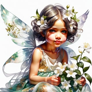 little girl with flowers, WITH TRANSPARENT WINGS SITTING detailed DETAILED. BRIGHT. JUICY. Jasmine Beckett-Griffith, fantasy art, Watercolor, decoupage style. White background. Hyperrealism