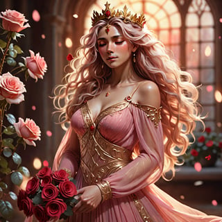 fantasy, woman, detailed face, flowing hair, flowing dress, golden crown, red roses, soft lighting, dreamy, romantic, magical, ethereal, warm color palette, gold, red, pink