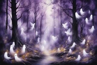 Watercolor. Airbrush. Dark forest. Dancing ghosts. Translucent. Colors: black. Purple. White. Gold. Super realistic. Super detailed.