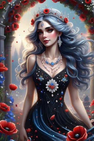 A beautiful fairy woman, a tiara of diamonds, pearls and flowers, long wavy blue hair, in a thin, black, airy dress with a scattering of pearls and red poppies, a whirlwind of flowers, a necklace of diamonds around her neck, beautiful, shiny, aesthetic. High resolution, high detail. In the background there is a floral arch against the background of the starry sky.