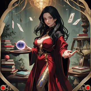 Create an image of a female fortune teller looking forward and at the viewer. She is dressed in a black and red robe. In front of her is a wooden table with a crystal ball and scattered tarot cards. The background is filled with books, which creates a mystical atmosphere. hyperdetail