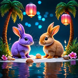 surreal, two absolutely cute fluffy (purple.orange.cinnabar pastel) furry bunnies, creatures playing (with little magic shells), white sand, sea, garland of lanterns, water, big eyes, glitter, gentle evening in the tropics, shells, transparency, fractals of light, sumi-e Midjourney, palm trees, flowers, octane render, fairy tale, bokeh, neon lines + lumens, fireflies, mother-of-pearl highlights, realism, hyperization, hdr