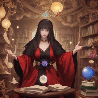 Create an image of a female fortune teller looking forward and at the viewer. She is dressed in a black and red robe. In front of her is a wooden table with a crystal ball and scattered tarot cards. The background is filled with books, which creates a mystical atmosphere. hyperdetail