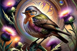 Robin bird in a thistle, painting in the style of Stepan Kolesnikov, Alphonse Mucha, Konstantin Makovsky, pastel, hyperdetalization, flickering effect, careful drawing of details, voluminous watercolor, professionally, masterpiece of painting, dark botanical, hyperdetalization, high detail. —ar 3:4