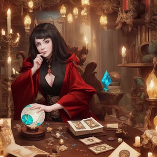 Create an image of a female fortune teller looking forward and at the viewer. She is dressed in a black and red robe. In front of her is a wooden table with a crystal ball and scattered tarot cards. The background is filled with books, which creates a mystical atmosphere. hyperdetail