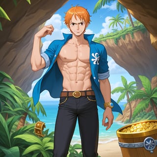 High quality anime digital image of MAN Nami in One Piece anime style, with a charming and mischievous expression, wearing an open shirt, tight pants and Clima-Tact, showing off a toned and slender physique, bright and dynamic colors. , detailed treasure map or tropical island background