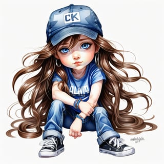  Watercolor chibi style, confident woman with long brown hair framing her beautiful, expressive face with big blue eyes. She wears bracelets, earrings and a cap. Dressed in jeans and a blue t-shirt, she stands on the floor in black high heels on a white background. Modifiers: kawaii style, high detail, sharp focus, Inspired by artgerm and Linda Garland. 4K UHD resolution, digital illustration. white background around.