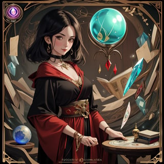 Create an image of a female fortune teller looking forward and at the viewer. She is dressed in a black and red robe. In front of her is a wooden table with a crystal ball and scattered tarot cards. The background is filled with books, which creates a mystical atmosphere. hyperdetail