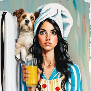 on white background watercolor acrylic casual pose woman with long dark hair standing in front of open refrigerator fantasy art towel on head realistic female face inspired by sheila mcclean she holds glass of milk disney style art in colorful pajamas inspired by sheila beckett drinking puppy jumping from floor