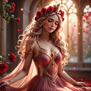 fantasy, woman, detailed face, flowing hair, flowing dress, golden crown, red roses, soft lighting, dreamy, romantic, magical, ethereal, warm color palette, gold, red, pink