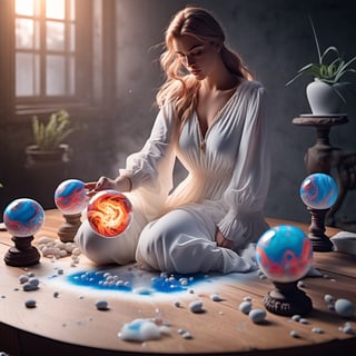 White woman sitting at a table, yareo chiffon dress, on the table are 4 marbles , each with different elements, 1 with soil and plants, 1 with sea waves, 1 with raging fire, 1 with tornado, on an old piece of wood, hyperrealistic, 4k, f1.8, boketh, depth of field, refraction, reflection on wood, photography, luminous, luminous particles coming out of marble