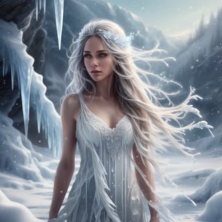 beautiful woman with long icy flowing hair standing in the snow, digital art inspired by Magali Villeneuve, fantasy, ethereal dripping ice, made of ice, Laurie Earley, wearing a dress made of water, soft inner glow, ethereal, ice shards, ice landscape, sparkling ice, girl in white short frosted dress made of ice lace, icy, feminine etherealness, detailed, sophisticated appearance, high detail, high budget, bokeh, cinemascope, gorgeous, film grain, professional, highly detailed, photographic, extreme realism, subtle texture, incredibly realistic