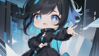 A super deformed, chibi character with short black hair featuring vibrant blue highlights and sparkling twinkle eyes shines brightly against a cyberpunk backdrop. She dons a long black coat, accentuating her boyish charm and striking blue eyes. With microphone in hand, she belts out a tune, her whole body showcased in a dynamic composition that captures the essence of a futuristic performance.