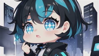 A super deformed, chibi character with short black hair featuring vibrant blue highlights and sparkling twinkle eyes shines brightly against a cyberpunk backdrop. She dons a long black coat, accentuating her boyish charm and striking blue eyes. With microphone in hand, she belts out a tune, her whole body showcased in a dynamic composition that captures the essence of a futuristic performance.