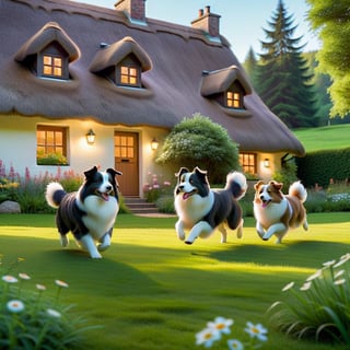 Generate an image of three chubby border collies enthusiastically pursuing a cluster of luminous lamps through a verdant valley. In the background, a picturesque house with a thatched roof and large windows stands serenely, surrounded by blooming flowers. A gentle spring flows nearby, its clear water reflecting the soft light of the lamps. The dogs are captured in mid-chase, their tails wagging, with one slightly in the lead. The scene is bathed in the warm glow of the lamps, highlighting the interplay of light and shadow across the landscape.