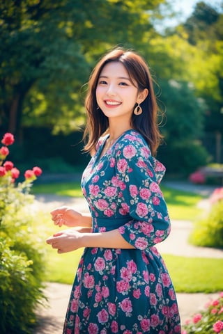 In a vibrant botanical garden, a stunning Japanese beauty poses amidst a kaleidoscope of flowers on a bright, sunny day. She wears a traditional embroidered dress in black, red, and green patterns, her blonde hair shining under the warm light. Her radiant smile, like the sun, illuminates the scene as she stands surrounded by colorful blooms, their petals gently rustling in harmony with her carefree expression. The camera captures her joyous essence in a flash of light, freezing the moment forever,flashphoto