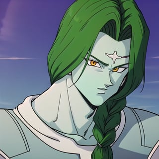 zarbon,1boy,male,solo,blue skin,yellow eyes,long green hair,single braid,hair over the shoulder