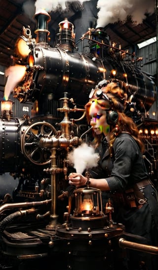 score_9, score_8_up, score_7_up, photorealistic, perfect anatomy, realistic character, hyper photorealism, very high contrast photograph, street photography, cinematic lighting, dramatic lighting, (((a girl, ginger with fox ears is repairing a steam engine in the steamy smoky workshop))), (a 19 yo girl, (Ana de Armas:0.70), (redhead:1.1)), very cute, (perfect eyes:1.1), photorealistic wavy hair, a girl in a steampunk jumpsuit in light gray color, intercom headset, steampunk choker, cowboy shot, perfect detailed face, detailed symmetric green eyes, fixing a steam engine in the steampunk garage filled with steam and smoke, cogs and gears, steamy background with lots of steam pipes and steam valves and pressure gauges and gears, intricate background, very highly detailed costume, very highly detailed background, steampunk fantasy style, steampunk , steampunk aesthetic, steamy, smoky,SteamPunkNoireAI