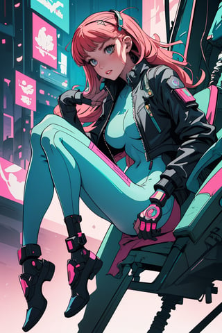 (best quality, masterpiece), 1girl, cyberpunk, mechanic, hime cut, high contrast, bodysuit, leaning back, pose, cyborg,