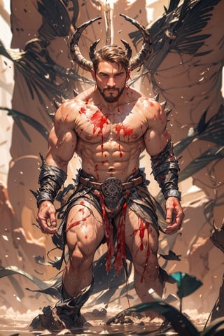 solo, 1boy, navel, nipples, standing, male focus, thighs, horns, teeth, torn clothes, blood, muscular, feet out of frame, glowing, bandages, thick thighs, abs, pectorals, muscular male, bara, glowing eyes, pelvic curtain, spikes, large pectorals, veins, blood on face, blood on clothes, bare pectorals, demon boy

masterpiece, top quality, best quality, beautiful and aesthetic,(from front:1.5),looking at viewer,((Cowboy Shot: 1.5)),
watercolor,(soft focus:2.0),
BREAK,(daydream:1.2),best lighting,  bokeh,  lens flare