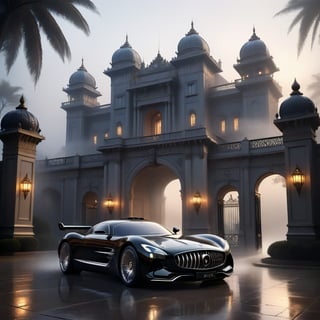 In this surreal dreamscape, a majestic palace with grandiose architecture and opulent decorations rises from the misty dawn. A sleek, black luxury car with gleaming chrome accents and gull-wing doors sits majestically in front of the palace gates, its tires subtly glowing with an ethereal light.