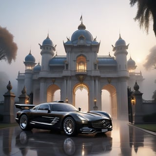 In this surreal dreamscape, a majestic palace with grandiose architecture and opulent decorations rises from the misty dawn. A sleek, black luxury car with gleaming chrome accents and gull-wing doors sits majestically in front of the palace gates, its tires subtly glowing with an ethereal light.