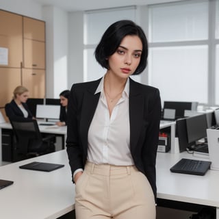 22 year old girl, solo, looking at viewer, blue eyes, black straight hair, closed mouth, artist name, lips, white shirt, black blazer, realistic, perfect hairstyle, office_lady, office, office dress, standing, looking straight, half body,