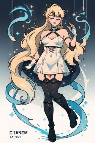 1girl, long hair, bangs, blonde hair, gloves, closed eyes, blue eye, white gloves, blunt bangs, fingerless gloves, lips, cat, realistic, blonde hair, thighhighs, dress, full body, boots, knee boots, cross-laced footwear, lace-up boots, cofident, rich lady, platinum grace, teenage, hand on hip