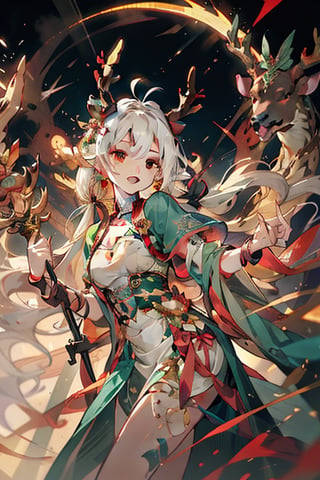 dunhuang_cloths, 1girl, long hair, open mouth, red eyes, dress, holding, jewelry, white hair, horns, pointy ears, animal, bug, staff, green dress, holding staff, deer