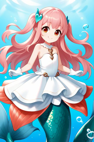 1girl, smile, hair ornament, gloves, dress, bare shoulders, brown eyes, pink hair, white dress, dolia_honorofkings, mermaid