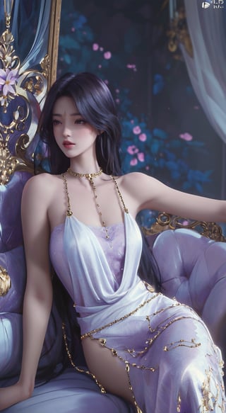 (Best quality,8K,A high resolution,Masterpiece:1.2),Ultra-detailed,(Realistic,Photorealistic,photo-realistic:1.37),Portrait,Creative style artwork,Historical,classical,Sophisticated,plethora of colors,Highly detailed,Soft lighting,luxurious environment,detailed gown,Vibrant flowers,detailed jewellery,Ethereal atmosphere,Elegant Pose,purple dress,Graceful curves,Gold body proportions,Flowing hair,Breathtaking textile patterns,Harsh purple  eyes,Delicate floral decoration,A dazzling array of crystal accessories,Mysterious and dreamy atmosphere,