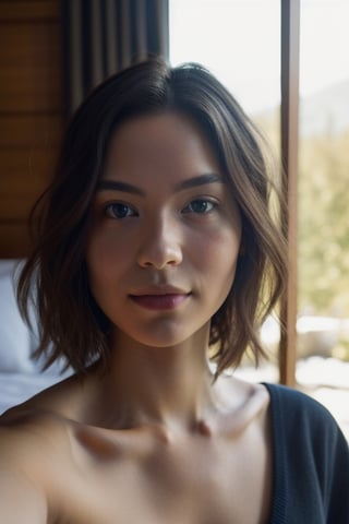 A photorealistic portrait of a 21-year-old europeen girl with mid brune hair and striking Green eyes. 
She should have a natural, approachable expression and be illuminated by soft, golden-hour sunlight. 
The background should be a scenic outdoor setting, perhaps a sunlit park or beach.
 Capture this image with a high-resolution photograph using an 85mm lens for a flattering perspective.




a black hair girl in her room. as if she is taking a selfie.
 Background should not be blurred and shadows should be visible