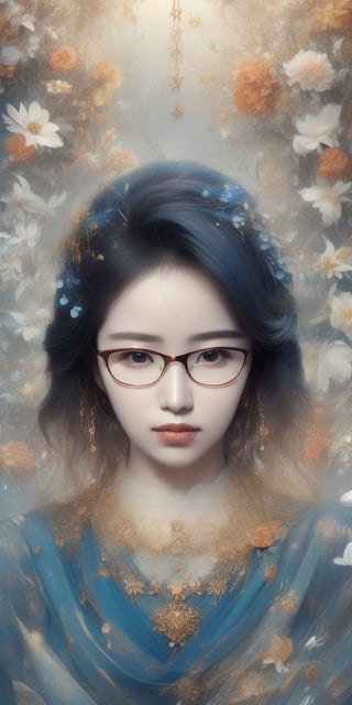 A captivating digital art portrait of a young woman surrounded by a vibrant array of flowers.Wearing women's glasses. Her wavy, dark blue hair with bangs frames her face, blending seamlessly with the floral elements around her. The flowers, in shades of orange, blue, and white, create a striking contrast against her pale skin. She gazes directly at the viewer with an intense, almost ethereal expression. The intricate details of the petals and leaves intertwine with her hair, giving the impression that she is one with nature. The overall composition is both delicate and dramatic, evoking a sense of mystery and enchantment. ELIGHT, JeeSoo.Wearing women's glasses.