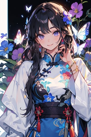 1girl, solo, long hair, looking at viewer, smile, bangs, blue eyes, black hair, hair ornament, long sleeves, dress, jewelry, closed mouth, purple eyes, upper body, flower, earrings, hand up, hair flower, bracelet, parted bangs, blue dress, chinese clothes, bug, butterfly, tassel, beads, tassel earrings