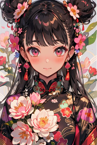 1girl, solo, long hair, looking at viewer, blush, bangs, black hair, hair ornament, jewelry, upper body, flower, earrings, hair flower, hair bun, double bun, chinese clothes, tassel, pink flower, flower earrings