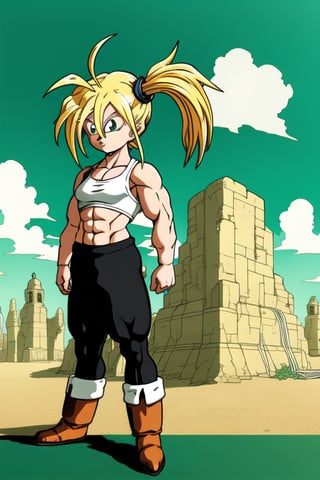 Irina1_DBAF, 1girl, solo, tanktop, side_ponytail, black pants, boots, blonde, ahoge, sharp_eyes, Toriyama Akira, muscular female