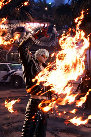 Score_9, score_8_up, score_7_up, score_6_up, 

1boy, k_kof, gray hair, blue eyes, (black  closed leather jacket:1.4), black leather long pants, necklace, belt, red single glove, single fingerless glove, black shoes, dark brown sunglasses. 

((He lifts his right hand reaching out to right upper head side, opening his right palm and big fire elements comes out from his right palm, standing straight, all of his body covered by composed of fire elements):2) 

Background is in front of alley behind a rundown tall apartment with rustic color theme with multiple bike parking on it. 

RAW, looking at viewer, side view, Full body shot, long shot, from head to toe shot, Extremely Realistic, ultra detail, thunderbike.,