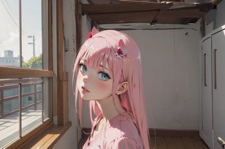 //Quality, ,score_9,score_8_up,score_7_up,score_6_up, masterpiece, best quality, detailmaster2, 8k, 8k UHD, ultra detailed, ultra-high resolution, ultra-high definition, highres, //Character, 1girl, solo,zero two,(Excellent quality,Beautiful eyes, 1.3 ),Pink pajamas, In the morning, she stood on the balcony of her room and watched the scenery of the city.//Fashion, Photo vision looks forward from the left side.,  //Background, Natural light, natural shadows,Shiny hair,whole body photo //Others,