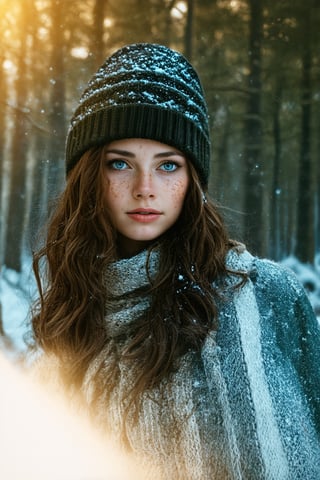 A cowboy shot of a girl, wavy hair, black hair, ocean green eyes, standing in a forest in winter, warm clothes, scarf, beanie, condensed breath, parted lips, looking at viewer, snow flakes,, freckles, pale skin, realistic, photo, golden hour, cinematic lighting, celluloid film skintone color style, earthy colors, blue colors