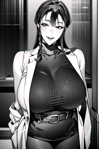 MILF, mature, long wavy hair, gold hoop earrings plump, Milf, forest cabin, arm exposed ,belt, smiling, standing ,masterpiece, looking at viewer,maria,maria no danzai,mari,solo, looking_at_viewer,  braid at one side of hair, long_hair, 1girl, lab coat sleeveless turtleneck, monochrome,black and white side_braid, bangs,1girl, pantyhose, long_hair, skirt,  braid, sleeveless, pencil_skirt, breasts,  looking_at_viewer, turtleneck,  black_pantyhose, sleeveless_sweater