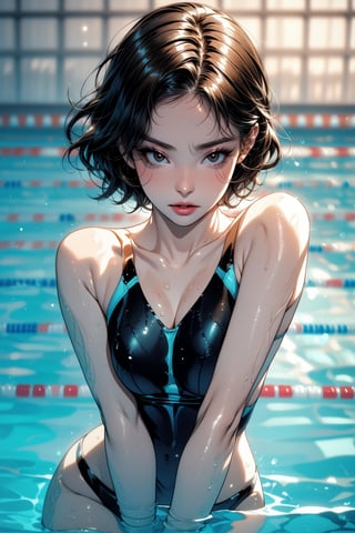 masterpiece, dynamic swimming pose, best quality, ultra-detailed, perfect anatomy, High detailed, detailed background, beautiful face, a girl, athletic build, extremely pretty face, ultra-detailed face, oval face, determined expression, short hair, wet hair slicked back, brunette hair, ultra-detailed eyes, tareme, brown eyes, simple eyelid, beautiful eyebrow, (eyelashes:0.4), parted_lips, focused gaze, (((olympic swimming pool))), lane lines visible, starting blocks in background, intense action shot, mid-stroke pose, arms extended forward, competitive swimsuit, sleek one-piece swimsuit, goggles on face, bright indoor lighting, water droplets on skin, dynamic angle, three quarter view, perfect anatomy, 5_fingers, beautiful_female_fingers, streamlined hand position, motion blur, action lines, water splashes, tanned skin, muscular shoulders and arms, score_9, score_8_up, score_7_up,