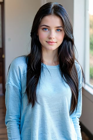 Prompt: masterpiece, high quality realistic, young 20 years old gorgeous girl, detailed face ,detailed eye , long black hair , light blue eyes ,light smile, full size photo,face toward viewer , wear causal clothes,photo real,