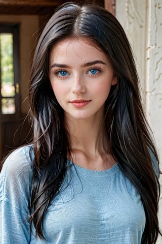 Prompt: masterpiece, high quality realistic, young 20 years old gorgeous girl, detailed face ,detailed eye , long black hair , light blue eyes ,light smile, full size photo,face toward viewer , wear causal clothes,photo real,