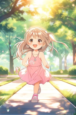 Very cute baby girl, casual outfit (silver earrings, pink summer dress, gold hairpin, bare shoulders, bracelets), ponytail hairstyle, masterpiece quality, big park in background, it's days, sunny, sun rays, trees, walking, looking at viewer, little smile, medium shot, stunning image, light particles, Anime style.