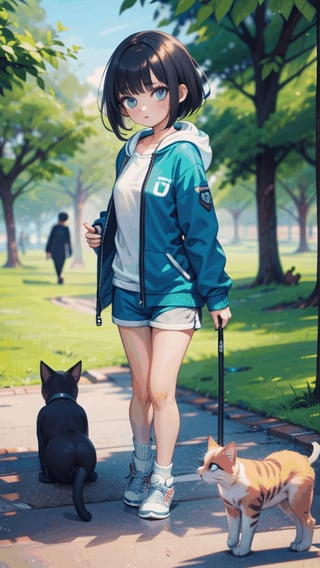 (masterpiece), 1girl, little girl walk with cats, walk in the park, fleece jacket, shorts, natural light,