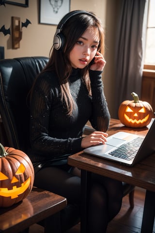 The image depicts an individual sitting at a computer desk, wearing headphones. Their gaze is directed toward a monitor displaying a ghostly blue figure. The person’s face is pixelated for privacy. The desk area is adorned with Halloween-themed decorations, including a skull, pumpkin, and themed papers or cards on the wall. Overall, it conveys a festive atmosphere, possibly related to gaming or Halloween celebrations KAE A HORROR EXPRESSION ON HER FACE
