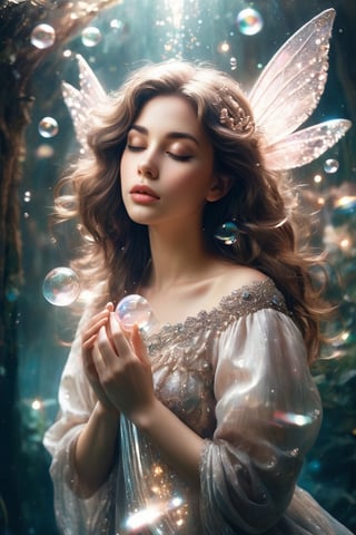 A serene and ethereal female figure with flowing brown hair that merges with the surrounding environment. She has opened her eyes and holds a delicate glowing object near her heart. The background is filled with bubbles like water fairy home, some of which are translucent and others shiny, giving an impression of underwater depth. The color palette is dominated by soft pinky, whites, and hints of silver, creating a dreamy and magical atmosphere.burlesque,shabby chic,,fine art,epic,Boho gypsy, marquise,duchesse, bright fantasy,